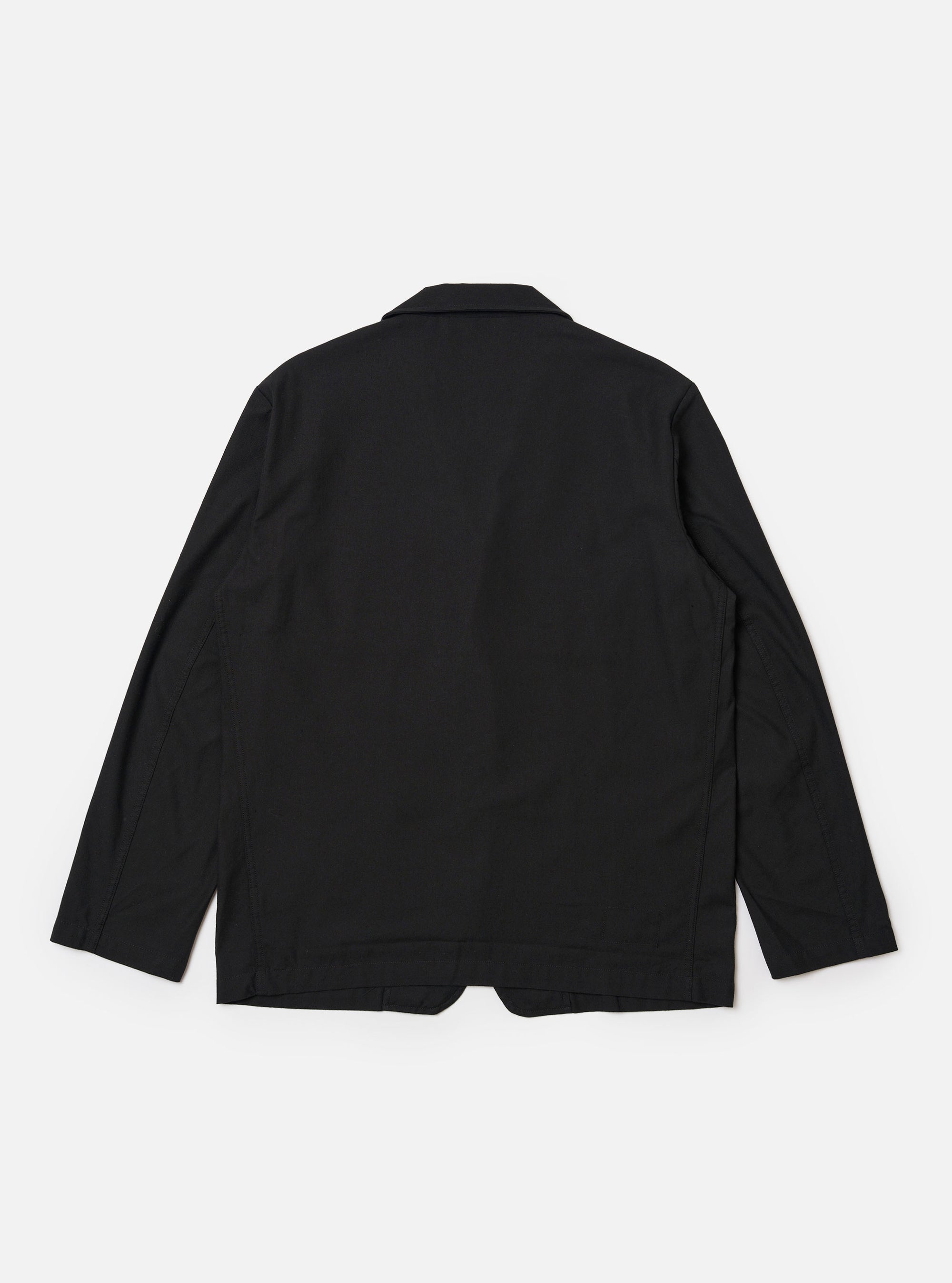 The Black Valencia Cotton Two Button Jacket is shown from the back as a flat lay against a plain white background. The image highlights the clean, structured rear of the jacket, showcasing the smooth black fabric and a single central vent at the hem.