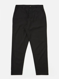 The Black Valencia Cotton Military Chino is presented as a flat lay against a plain white background. The trousers feature a button fly, two front slash pockets, and a straight-leg cut. The black fabric has a subtle textured appearance.
