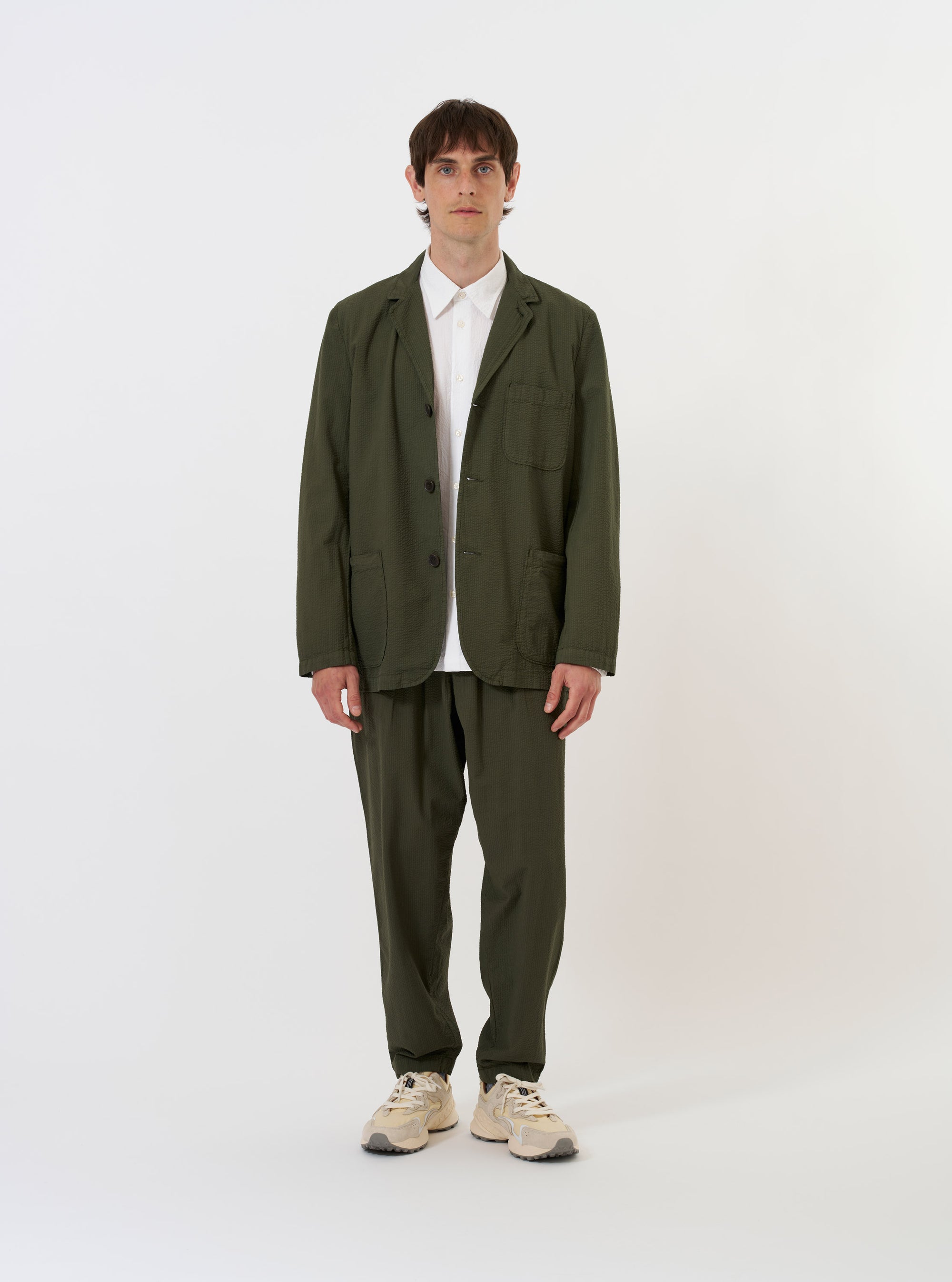 Olive Merida Seersucker Three Button Jacket