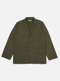 The Olive Merida Seersucker Three Button Jacket is shown as a flat lay against a white background. The jacket features a three-button front closure, a notched lapel with a button hole, one chest patch pocket, and two larger lower patch pockets. The olive green fabric has a distinct puckered seersucker texture.