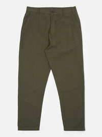 The Olive Merida Seersucker Military Chino is shown as a flat lay against a white background. The trousers feature a straight-leg fit, a button fly, and a visible puckered seersucker texture. Two slanted side pockets and a single front coin pocket are prominent.