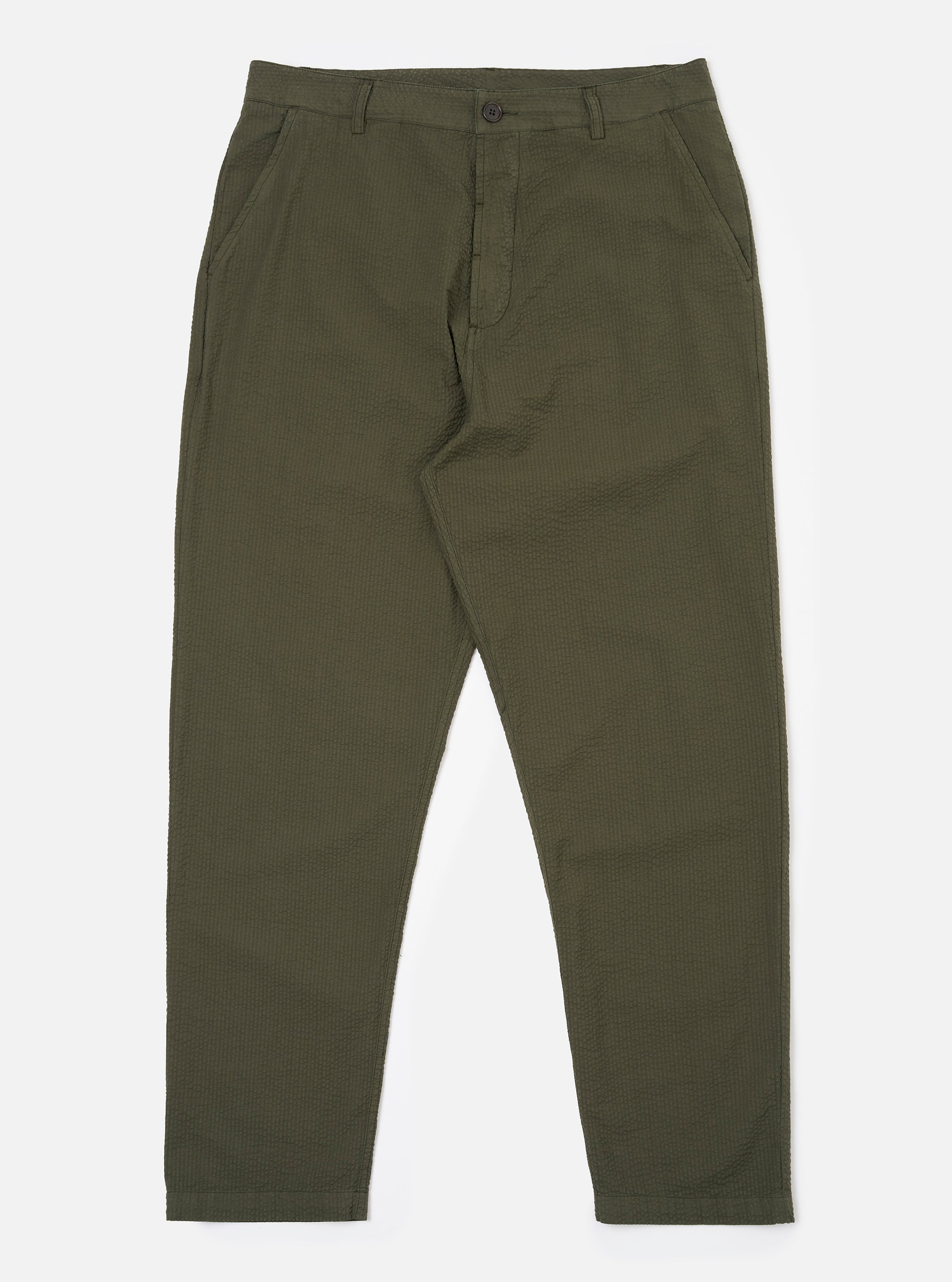 The Olive Merida Seersucker Military Chino is shown as a flat lay against a white background. The trousers feature a straight-leg fit, a button fly, and a visible puckered seersucker texture. Two slanted side pockets and a single front coin pocket are prominent.