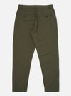 The Olive Merida Seersucker Military Chino is shown from the back as a flat lay against a plain white background. The image highlights the two rear pockets, including one with a button-down flap and one jetted, along with the elasticated portion of the waistband and the textured olive green seersucker fabric.