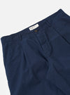 The Navy Derby Stripe Duke Pant is shown from the back as a flat lay against a plain white background. The image highlights the two rear patch pockets, a straight hem, and the vertical derby stripe pattern in navy and white.