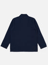 The Indigo Recycled Herringbone Bakers Overshirt is shown from the back as a flat lay against a plain white background. The image highlights the straight-cut back panel and the textured indigo-dyed herringbone weave.