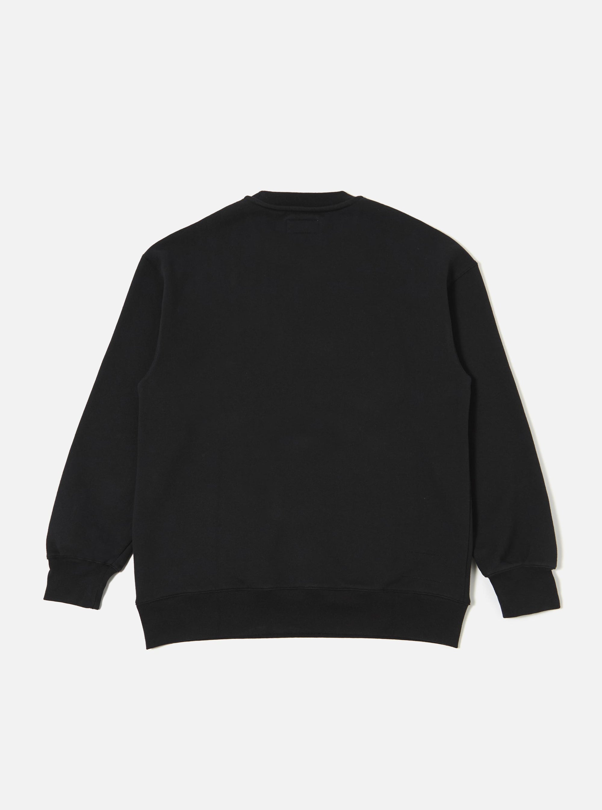 The Black Recycled Cotton Blend Jersey Loose Sweatshirt is shown from the back as a flat lay against a plain white background. The image highlights the sweatshirt's relaxed fit, dropped shoulders, and ribbed hem and cuffs. The black jersey fabric appears smooth and substantial.