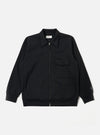 The Black Recycled Cotton Blend Jersey Tyler Jacket is shown as a flat lay against a plain white background. The jacket features a full-zip front, a classic pointed collar, and two large patch pockets at the waist. The sleeve cuffs and hem are finished with a simple, clean stitch, and the black jersey fabric has a smooth, soft texture.