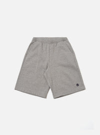 The Grey Marl Recycled Cotton Blend Jersey Vacation Short is presented as a flat lay against a plain white background. These shorts feature an elasticated waistband with a tonal drawstring, two side pockets, and a relaxed fit. The fabric is a soft, grey marl recycled cotton blend jersey with a visible speckled texture.