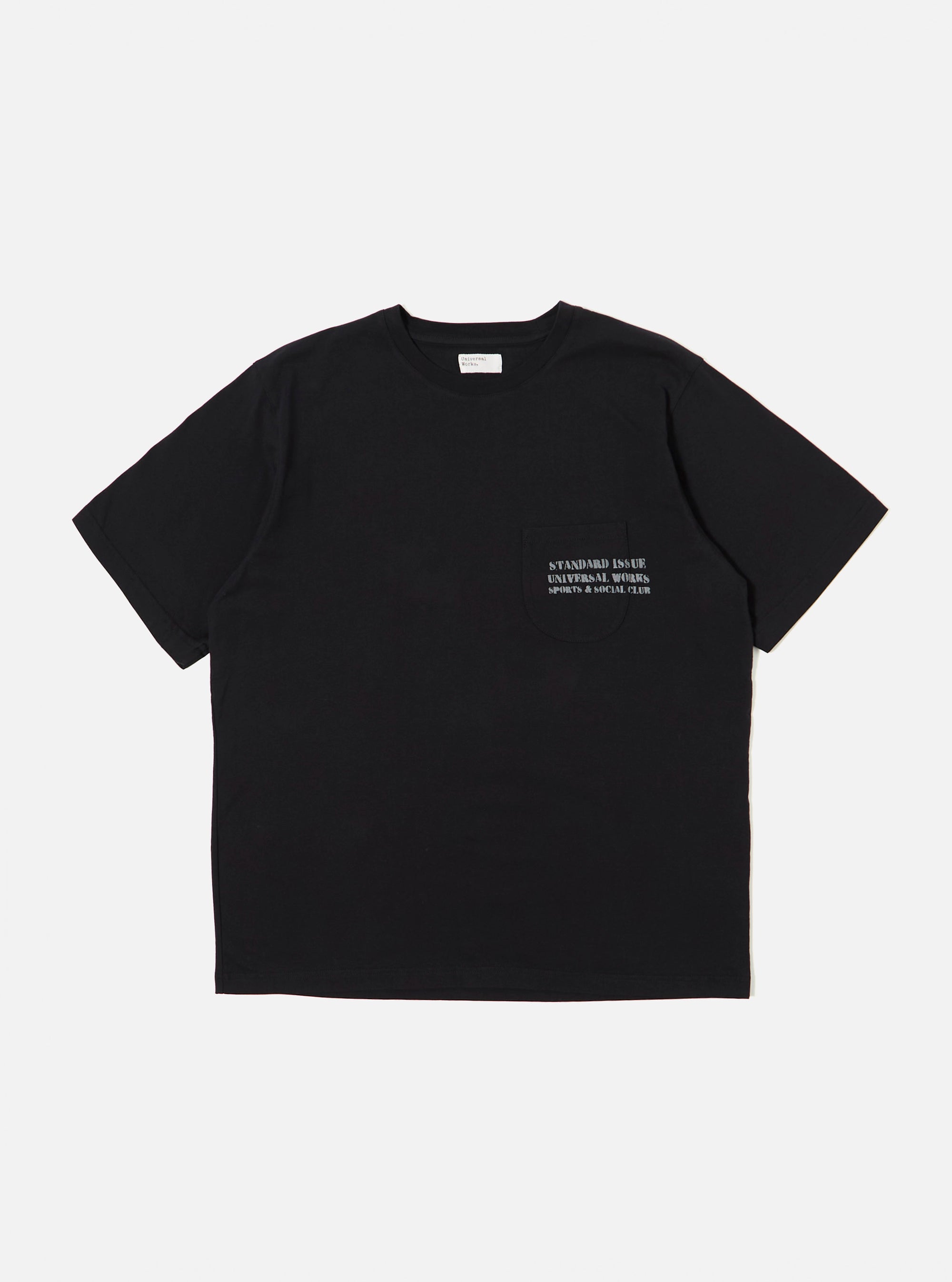The Black Organic Jersey Print Pocket Tee is displayed as a flat lay against a plain white background. The T-shirt features a classic crew neckline, short sleeves, and a single patch pocket on the left chest area featuring a graphic print. The garment is made from a solid black organic cotton jersey fabric.