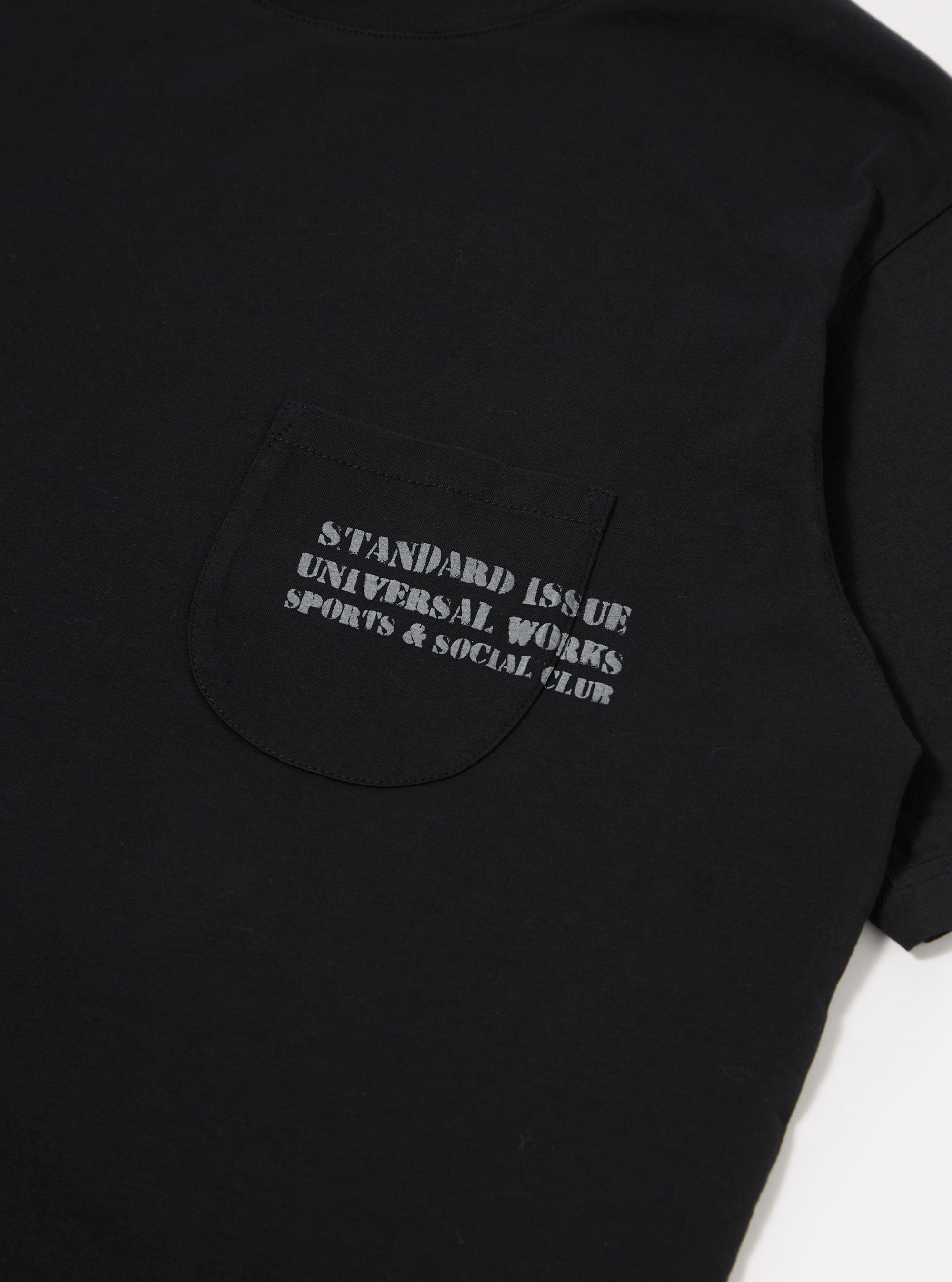 The Black Organic Jersey Print Pocket Tee is shown from a rear angle as a flat lay against a plain white background. The image highlights the clean construction of the shoulders and the smooth finish of the black organic cotton fabric.
