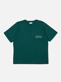 The Olive Organic Jersey Print Pocket Tee is shown as a flat lay against a plain white background. The t-shirt features a crew neckline, short sleeves, and a single patch pocket on the left chest. The pocket is detailed with a small graphic print in a contrasting color. The garment is made from a smooth olive green organic cotton jersey.