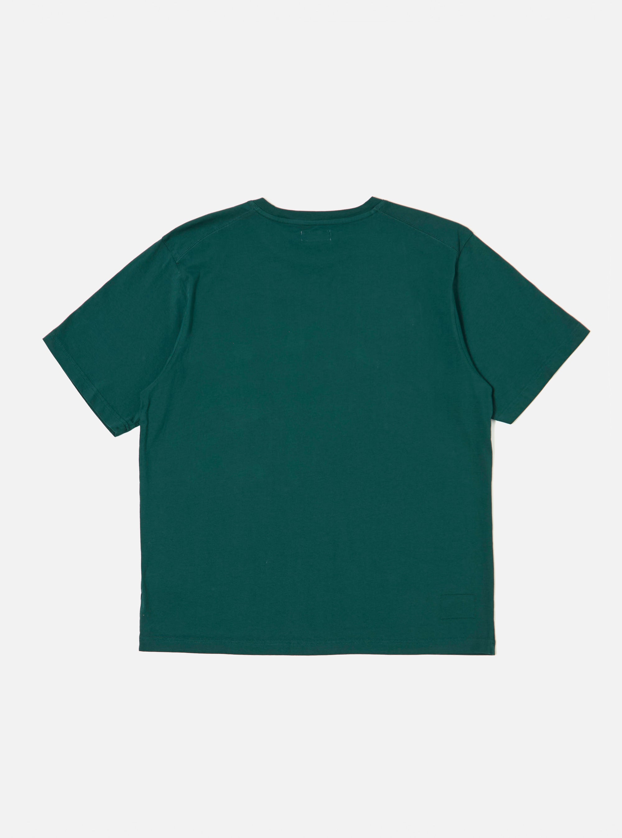 The Olive Organic Jersey Print Pocket Tee is shown from the back as a flat lay against a plain white background. The image highlights the clean, simple construction of the garment's rear panel and the smooth texture of the olive green organic cotton jersey. The short sleeves and ribbed crew neck are clearly visible.