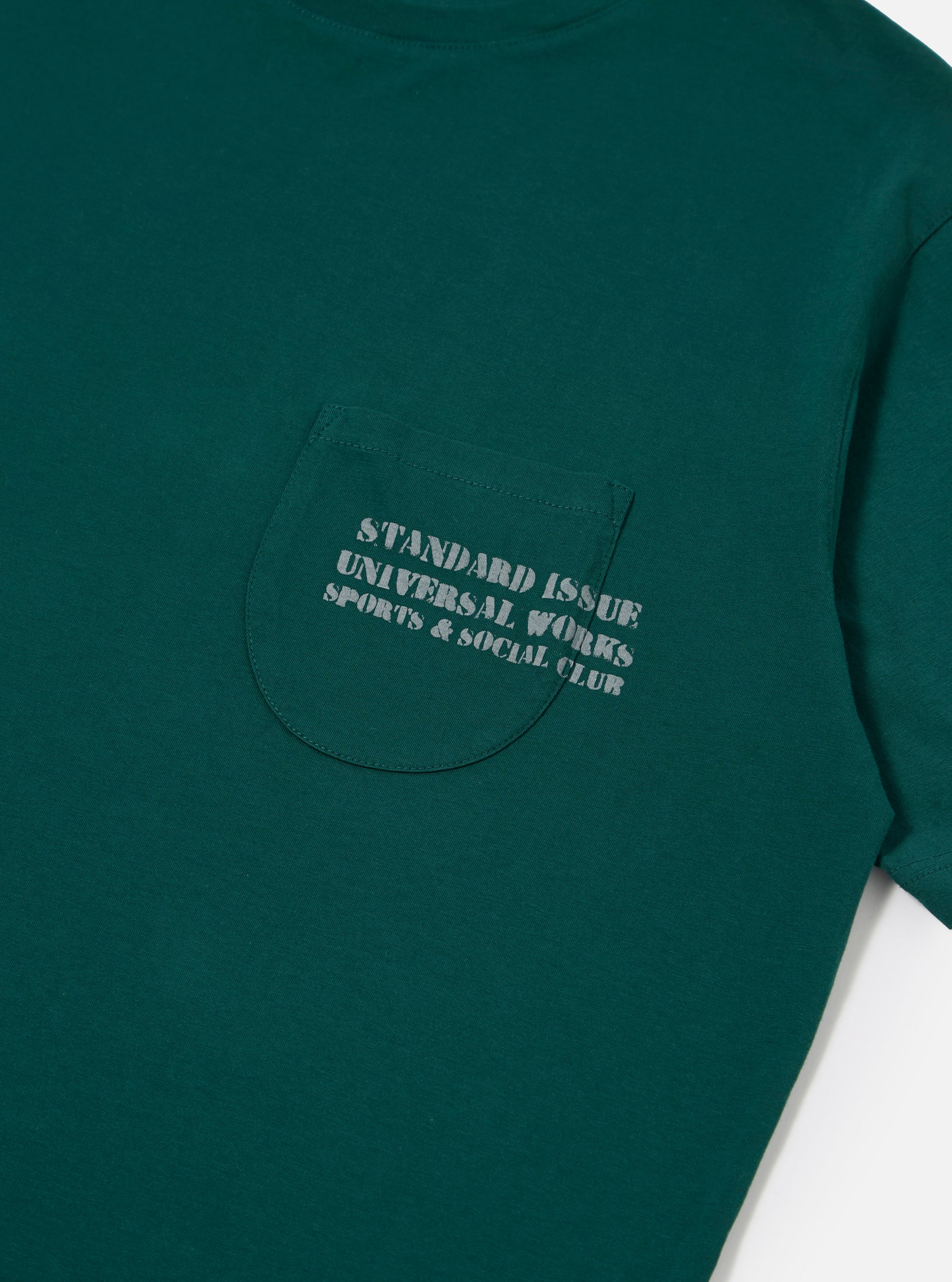 The Olive Organic Jersey Print Pocket Tee is shown from a rear angle as a flat lay against a plain white background. The image highlights the smooth olive green organic cotton fabric and the clean stitching along the shoulders and straight hemline.