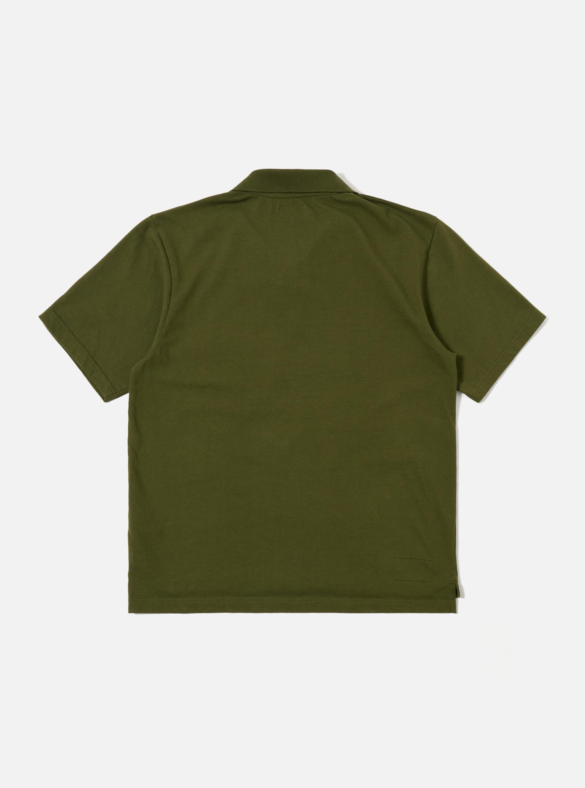 The Olive Rugby Jersey Oversized Vacation Polo is shown from the back as a flat lay against a plain white background. The image highlights the oversized silhouette, the back of the one-piece collar, and the stepped hem with a dropped back. Small side vents are visible at the bottom of the side seams.