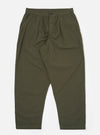 The Olive Merida Seersucker Pleated Track Pant is shown as a flat lay against a plain white background. The image highlights the elasticated waistband with an external drawstring, the single pleat at the front, and the tapered leg design. The olive green cotton fabric features a distinct puckered seersucker texture with a subtle checkered pattern.