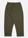 The Olive Merida Seersucker Pleated Track Pant is shown from the back as a flat lay against a plain white background. The image highlights the two rear pockets, including one with a buttoned flap and one button jetted pocket, and the elasticated waistband. The olive green cotton fabric features a visible seersucker texture.