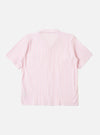 The Pink Lily Stripe Road Shirt is presented as a flat lay against a white background. The shirt features a vertical pink and white lily stripe pattern, a camp collar, and a full button-down front with tonal buttons. It has short sleeves and a straight hem.