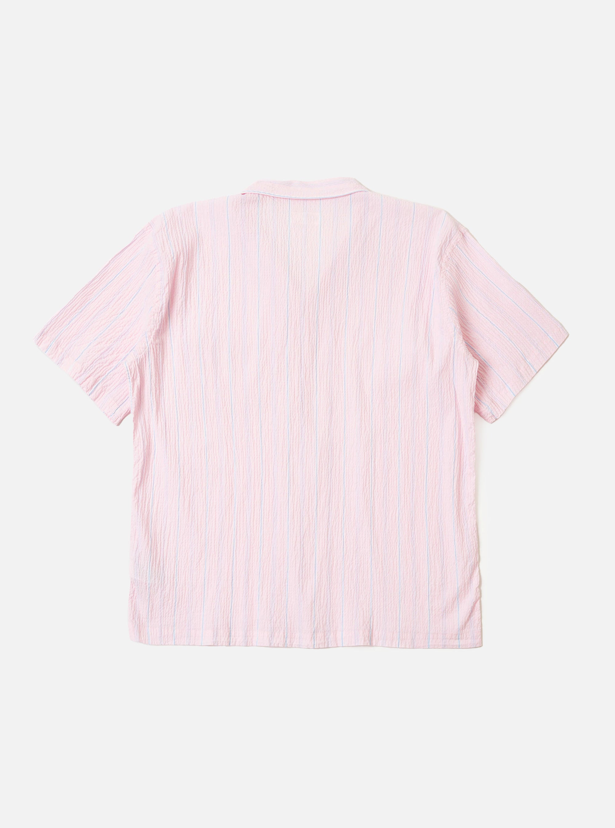 The Pink Lily Stripe Road Shirt is presented as a flat lay against a white background. The shirt features a vertical pink and white lily stripe pattern, a camp collar, and a full button-down front with tonal buttons. It has short sleeves and a straight hem.