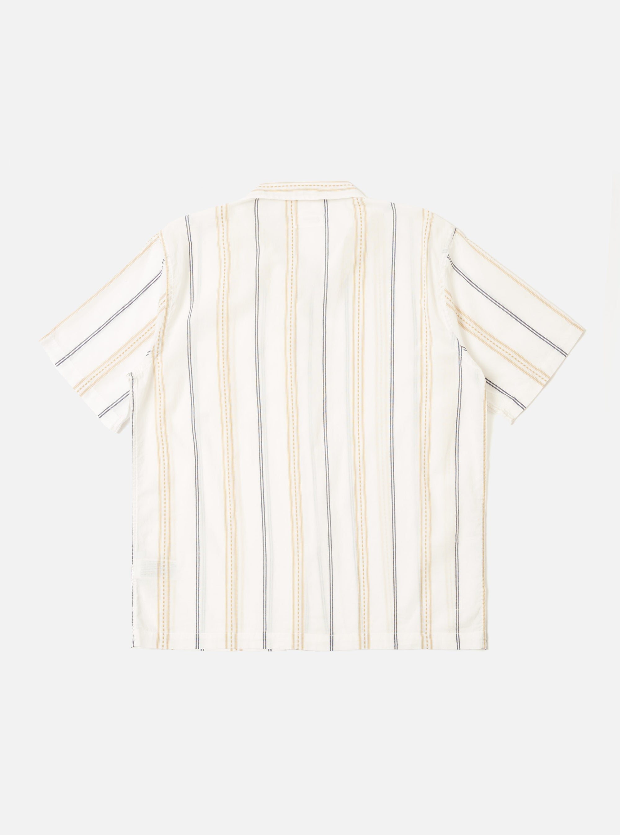 The Ecru/Navy/Sand Hendrix Stripe Road Shirt is displayed from the back as a flat lay against a plain white background. The shirt features a vertical stripe pattern in ecru, navy, and sand tones. The image highlights the clean construction of the back yoke and the straight hem.