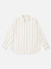 The Ecru/Navy/Sand Hendrix Stripe Square Pocket Shirt is shown as a flat lay against a white background. The shirt features a vertical stripe pattern in ecru, navy, and sand, a classic button-down front, and a large square patch pocket on the left chest. It has a pointed collar and adjustable button cuffs.