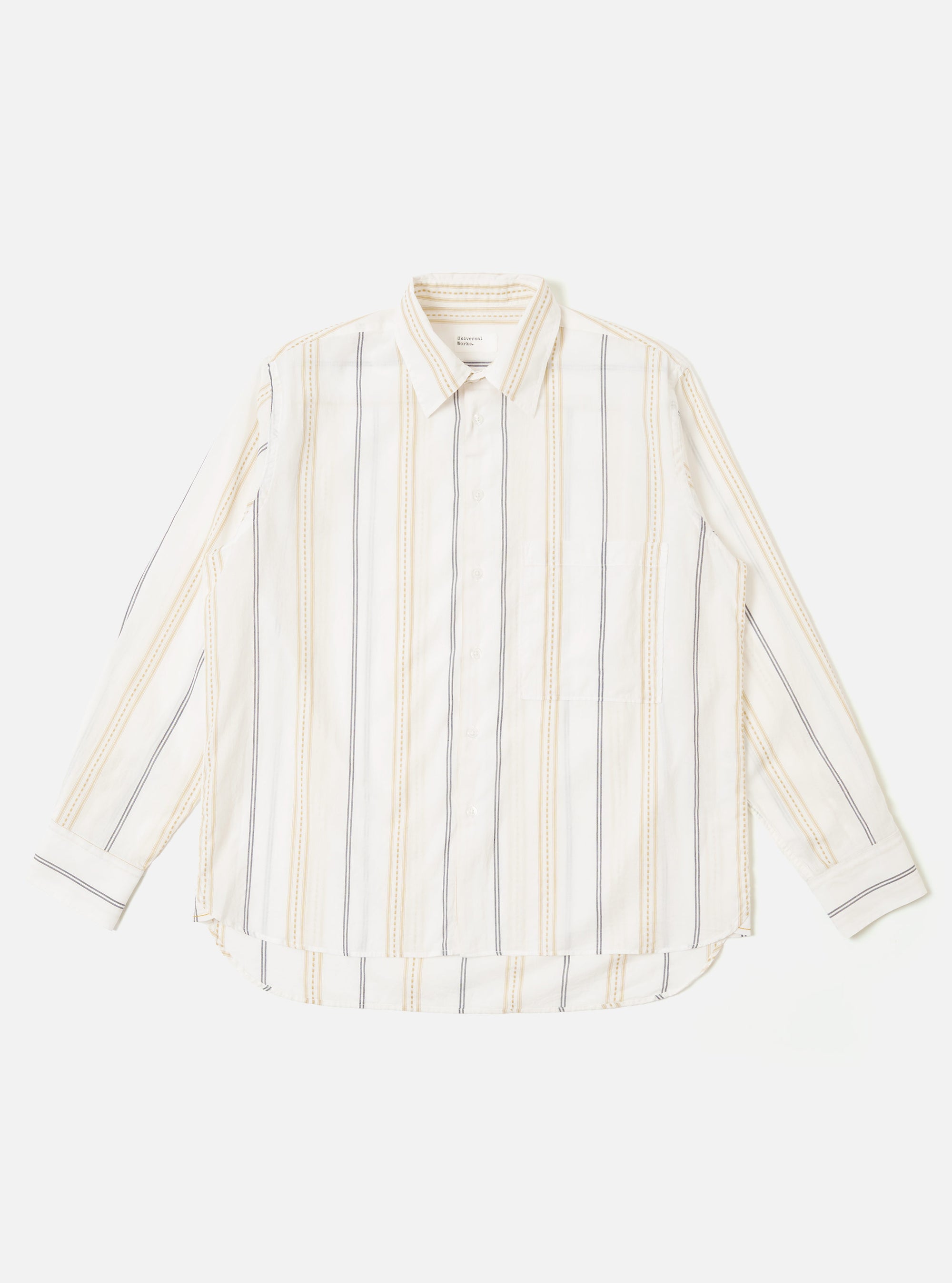The Ecru/Navy/Sand Hendrix Stripe Square Pocket Shirt is shown as a flat lay against a white background. The shirt features a vertical stripe pattern in ecru, navy, and sand, a classic button-down front, and a large square patch pocket on the left chest. It has a pointed collar and adjustable button cuffs.