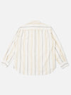 The Ecru/Navy/Sand Hendrix Stripe Square Pocket Shirt is shown from the back as a flat lay against a plain white background. The image highlights the vertical stripe pattern in ecru, navy, and sand, as well as the straight back yoke and the curved hem.
