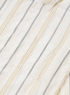 The Ecru/Navy/Sand Hendrix Stripe Square Pocket Shirt is shown from the back as a flat lay against a plain white background. The image highlights the vertical stripe pattern in shades of ecru, navy, and sand, as well as the shirt's straight hem and simple back yoke construction.