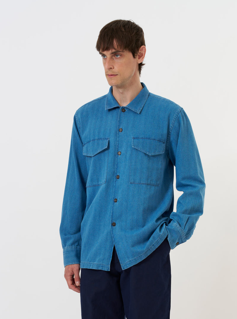 Washed Indigo Recycled Herringbone Attendant Shirt