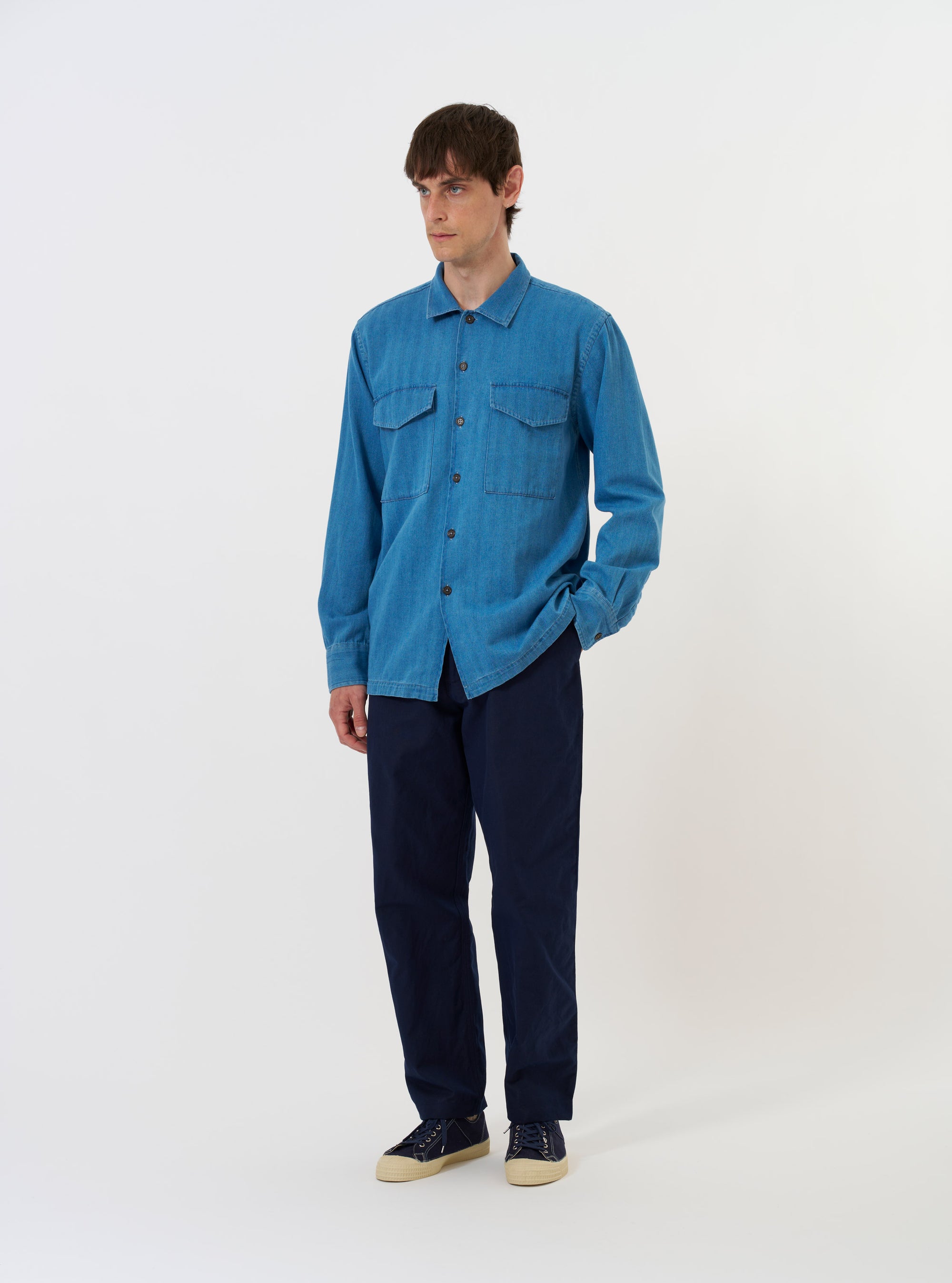Washed Indigo Recycled Herringbone Attendant Shirt