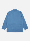 The Washed Indigo Recycled Herringbone Kyoto Work Jacket is shown from the back as a flat lay against a plain white background. The image highlights the clean, straight-cut construction of the rear panel and the textured, washed indigo herringbone fabric.