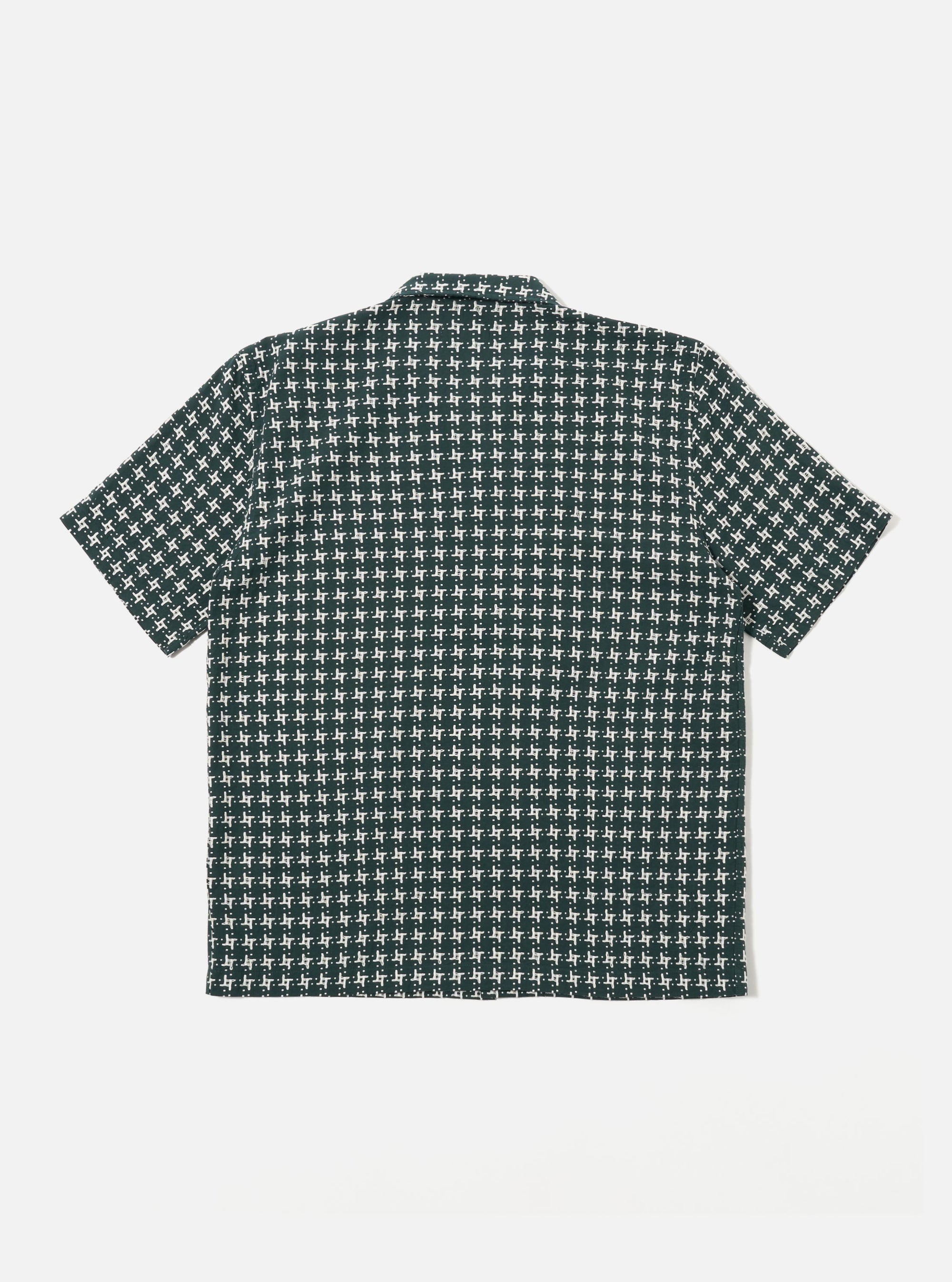 The Green/White Rhodes 8 Cotton Road Shirt is shown from a rear angle as a flat lay against a plain white background. The shirt features a green and white checkered pattern and a straight hem. The back panel is constructed with a simple, clean design highlighting the lightweight cotton fabric.