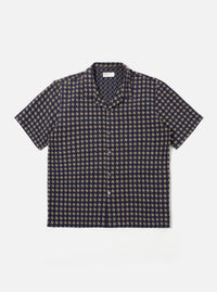 The Navy/Sand Rhodes 8 Cotton Road Shirt is shown as a flat lay against a white background. The shirt features a relaxed camp collar, a central button-down front, and short sleeves. The fabric is decorated with a patterned design in navy and sand colors.