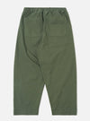 The Olive Kelly Cotton Judo Pant is shown from the back in a flat lay position against a plain white background. The trousers feature a relaxed, wide-leg fit, an elasticated waistband, and a single square patch pocket on the right rear side. The garment is made from a solid olive green cotton fabric.