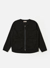 The Black Kelly Cotton Glider Jacket is shown as a flat lay against a white background. The jacket features two large chest pockets with buttoned flaps, a central button-down front, and a classic pointed collar. The fabric is a solid black cotton with visible stitching details.