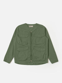 The Olive Kelly Cotton Glider Jacket is shown as a flat lay against a plain white background. The jacket features a full-length central zipper, a classic pointed collar, and two large patch pockets at the waist. The olive green cotton fabric has a smooth, durable appearance with visible stitching details along the seams and pockets.