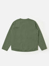 The Olive Kelly Cotton Glider Jacket is shown from the back as a flat lay against a plain white background. The image highlights the clean construction of the jacket's rear panel, featuring a solid olive green cotton fabric and a straight hem.