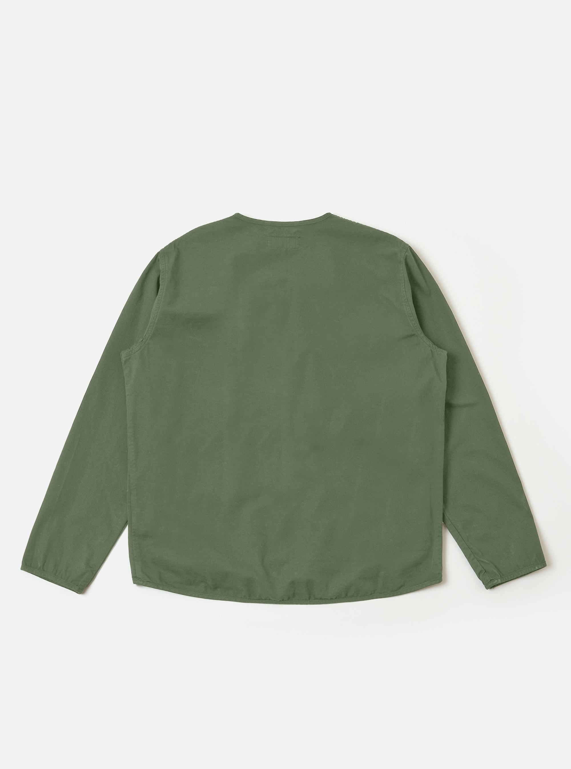 The Olive Kelly Cotton Glider Jacket is shown from the back as a flat lay against a plain white background. The image highlights the clean construction of the jacket's rear panel, featuring a solid olive green cotton fabric and a straight hem.