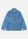 The Washed Indigo 8oz Slub Denim Field Jacket is shown as a flat lay against a white background. The jacket features a relaxed fit with a classic collar, a central button-down closure, and three front patch pockets, including one at the chest and two at the waist. The 8oz slub denim fabric has a visible textured finish and a washed indigo color with subtle fading along the seams.