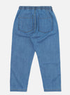 The Washed Indigo 8oz Slub Denim Hi Water Trouser is shown from the back as a flat lay against a plain white background. The image highlights the two rear patch pockets and the drawcord adjustable waistband. The 8oz slub denim fabric has a heavily washed, vintage appearance with a visible textured finish and a slightly cropped leg length.
