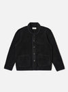 The Black Alvar Fleece Lancaster Jacket is shown as a flat lay against a plain white background. The jacket features a textured black fleece fabric, a rounded shawl-style collar, and a five-button front closure. It includes two large patch pockets at the waist and a single patch pocket on the left chest.