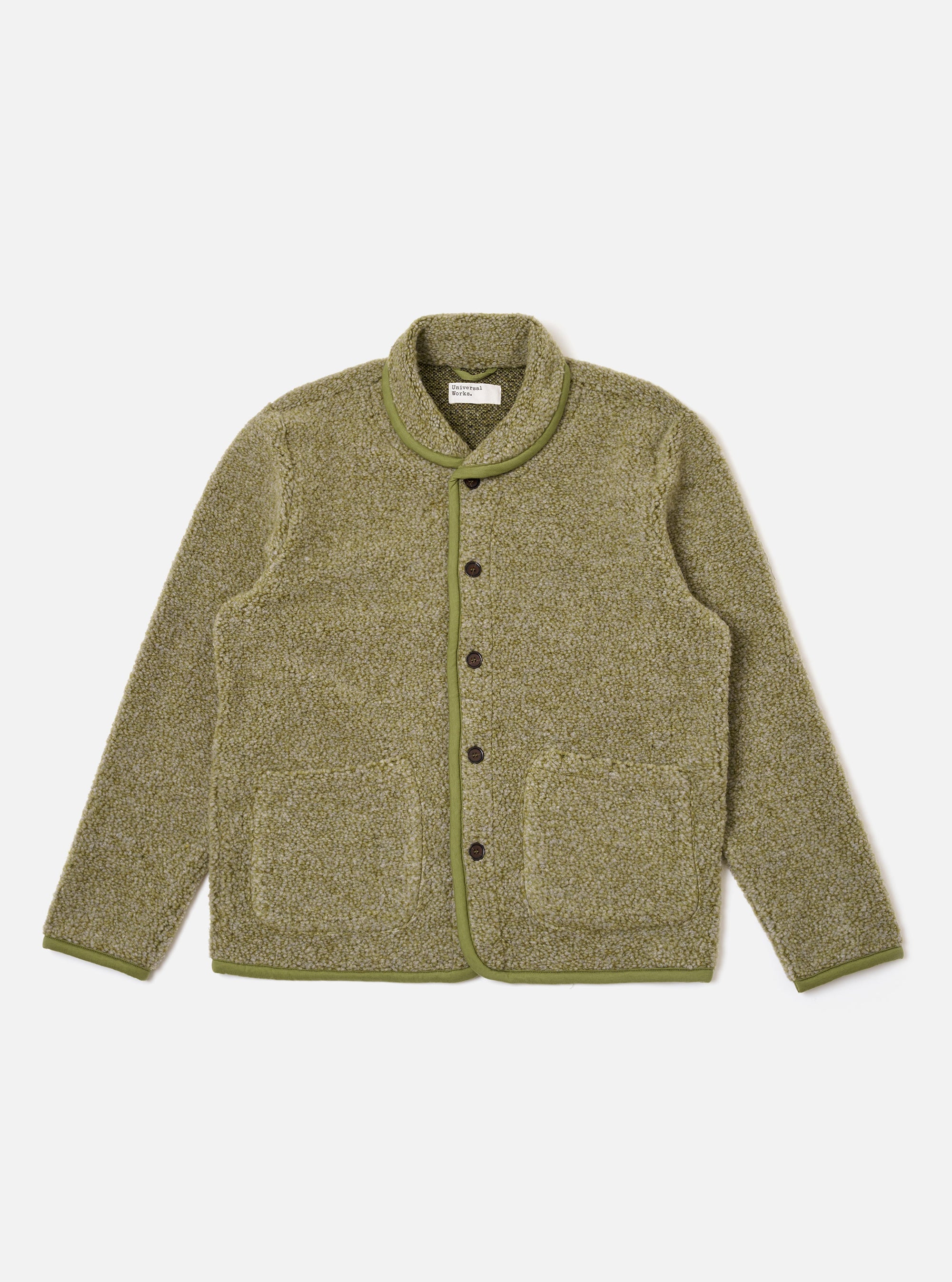 The Light Olive Alvar Fleece Lancaster Jacket is presented as a flat lay against a plain white background. The jacket features a fuzzy fleece texture in a light olive green hue, a five-button front closure, and a rounded shawl-style collar. It includes two large patch pockets at the waist and a single patch pocket on the left chest.