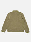 The Light Olive Alvar Fleece Lancaster Jacket is shown from the back as a flat lay against a plain white background. The image highlights the jacket's textured light olive fleece fabric, a curved hem, and a simple one-piece back panel with tonal binding along the edges.