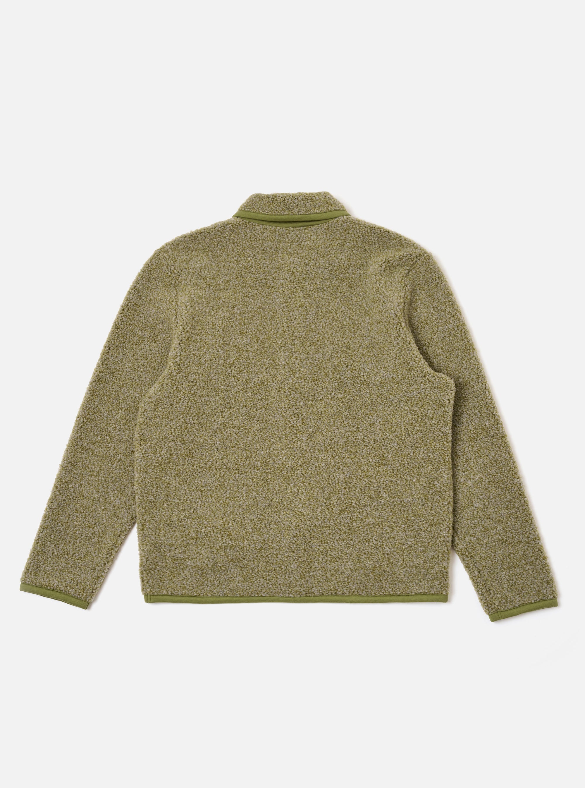 The Light Olive Alvar Fleece Lancaster Jacket is shown from the back as a flat lay against a plain white background. The image highlights the jacket's textured light olive fleece fabric, a curved hem, and a simple one-piece back panel with tonal binding along the edges.