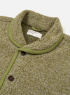 The Light Olive Alvar Fleece Lancaster Jacket is shown as a flat lay against a plain white background. The jacket is crafted from a textured fleece fabric in a light olive green hue and features a rounded shawl collar, a central button-down front, and large patch pockets at the waist.
