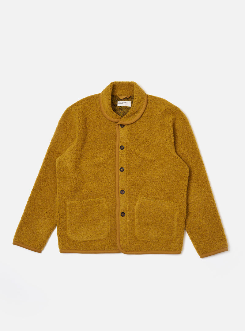 The Yellow Alvar Fleece Lancaster Jacket is shown as a flat lay against a plain white background. The jacket features a fuzzy yellow fleece texture, a five-button front closure, and a rounded shawl-style collar. It includes two large patch pockets at the waist and a single patch pocket on the left chest.