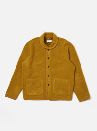 The Yellow Alvar Fleece Lancaster Jacket is shown as a flat lay against a plain white background. The jacket features a fuzzy yellow fleece texture, a five-button front closure, and a rounded shawl-style collar. It includes two large patch pockets at the waist and a single patch pocket on the left chest.