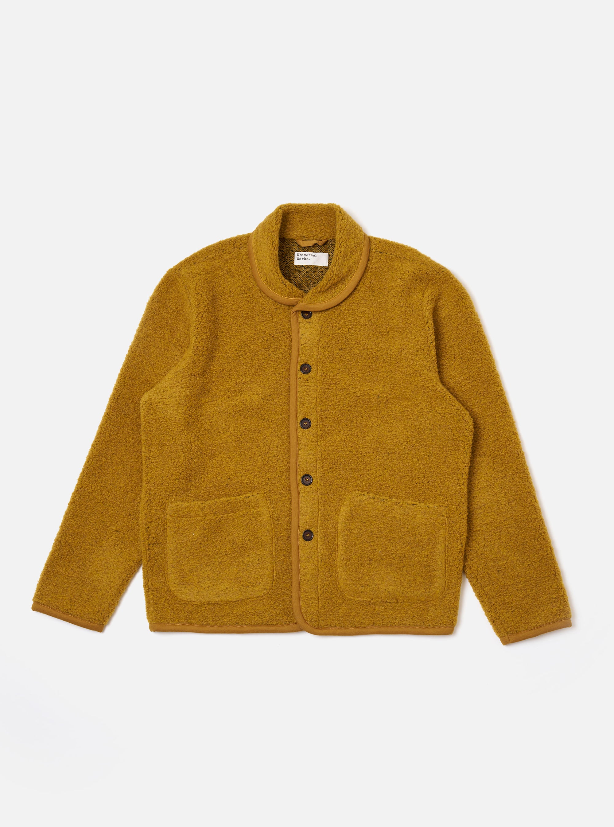 The Yellow Alvar Fleece Lancaster Jacket is shown as a flat lay against a plain white background. The jacket features a fuzzy yellow fleece texture, a five-button front closure, and a rounded shawl-style collar. It includes two large patch pockets at the waist and a single patch pocket on the left chest.