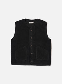 The Black Alvar Fleece Lancaster Gilet is shown as a flat lay against a plain white background. The gilet features a textured, fuzzy black fleece fabric, a five-button front closure, and a rounded shawl-style collar. It includes two large patch pockets at the waist and a single patch pocket on the left chest.