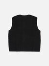 The Black Alvar Fleece Lancaster Gilet is shown from the back as a flat lay against a plain white background. The image highlights the garment's textured black fleece fabric, a simple one-piece back panel, and a curved hemline.