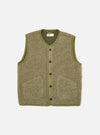 The Light Olive Alvar Fleece Lancaster Gilet is presented as a flat lay against a plain white background. The sleeveless garment is made from a textured light olive fleece and features a rounded shawl collar, a central five-button closure, and three patch pockets: one on the chest and two at the waist.